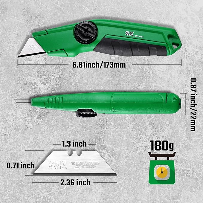 SK Fixed Blade Utility Knife, Heavy Duty Zinc Alloy Box Cutter, Tool-Free Blade Change, Blades Storage in Shell, Extra 5 SK2M Blades Included