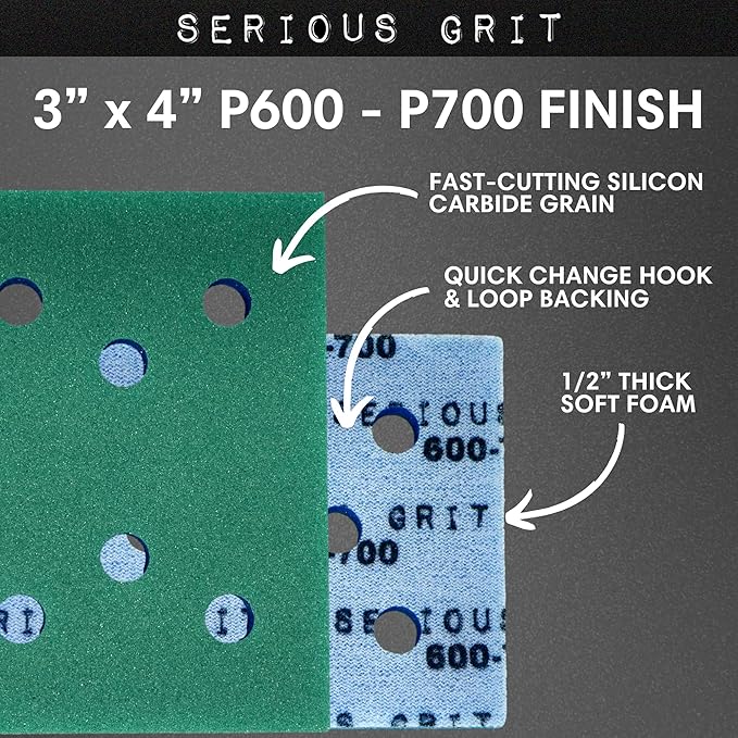 Serious Grit - 3" x 4" Foam Abrasive 600-700 Finish Sanding Pads - Fits Surfprep, Uneeda Ekasand, & Mirka - 1/2" Thick Soft Foam Hook & Loop Sandpaper Pads for 3x4 Sanders - Made in USA - 10 Per Box