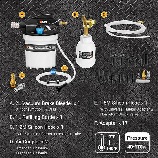 EWK 23-Piece Pneumatic Brake Bleeder Kit, 2L Vacuum Brake Bleeder Pump & 1L Fluid Refilling Bottle, One-Person Brake Fluid Flush System for Cars, Motorcycles, Trucks & ABS Systems