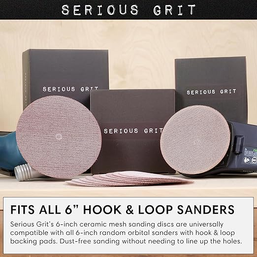 Serious Grit - 6-Inch 180 Grit Ceramic Mesh Sanding Discs - Hook & Loop Dust-Free Net Abrasive for Wood, Drywall, Paint, Auto Body - Long Life Ceramic Grain - Universal Fit 125mm Sandpaper - 50 Pack