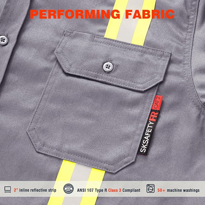 SKSAFETY 7oz FR Shirts for Men, Welding Shirt Hi Vis Flame Resistant 100% Cotton Fire Retardant Longsleeve Shirt CAT2