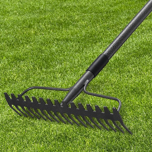 49'' Bow Rake 竊?7 Tines Metal Head Rakes with Stainless Steel Handle竊똇eavy Duty Garden Rake for Loosening Soil Gathering Leaf Leveling Lawn Farming Land Management Yarn Thatch Rake