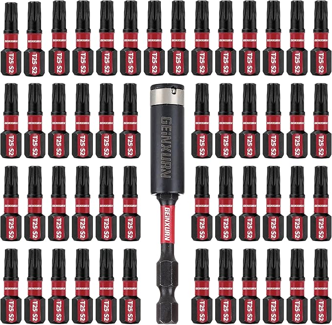 15Pieces T25 1 In. Insert Driver Bits, Impact Tough Magnetic #25 Torx Head Power Bits, S2 Alloy Steel T25 Screwdriver Bits Set with 1Pcs Impact Bit Holder, GT25025-051