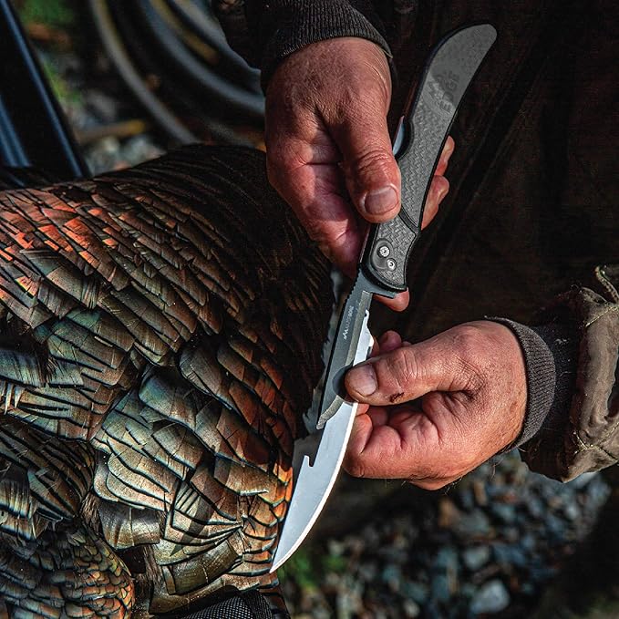 OUTDOOR EDGE RazorBone Replaceable Blade Folding Hunting Knife with Clip & Sheath. 3 Butcher Knife Blade Styles - Boning, Gutting, & Skinning Knives. Gray, Camo Sheath, 6 Blades & Blade Box