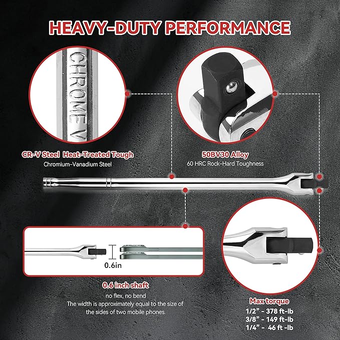 10 Piece Breaker Bar Set, 3/8" , 1/2" and 1/4" Drive, 180째 Rotatable Head, 6'', 10'', 15'' Length, 3 Extension Bars, Organizer Case