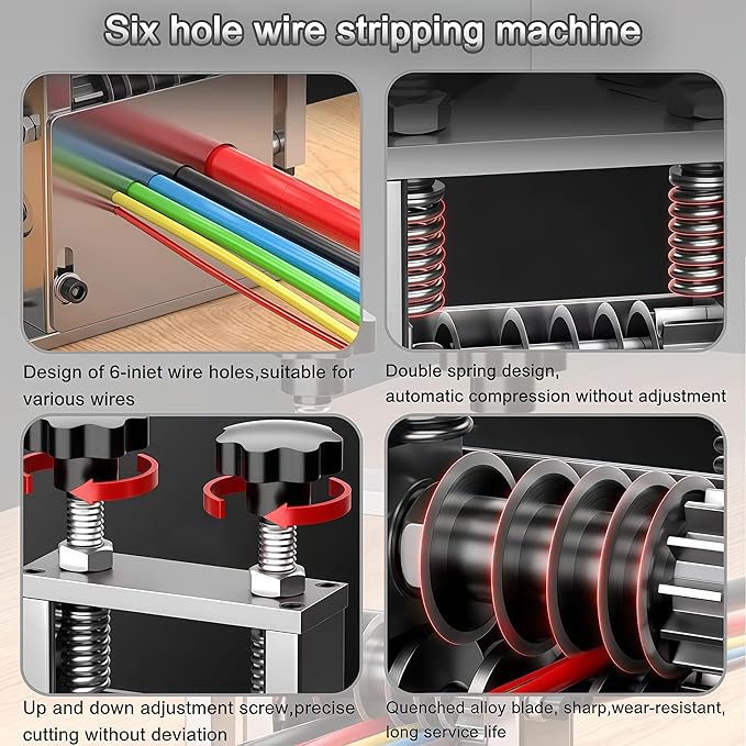 Manual Wire Stripper Machine,Drill Powered Hand Crank Wire Stripper Tool With 6 Channels and 5 Blades,Wire Stripping Tool for 0.06"-0.65" Scrap Wire,Scrapping Copper Wire Peeler Machine (Silvery)