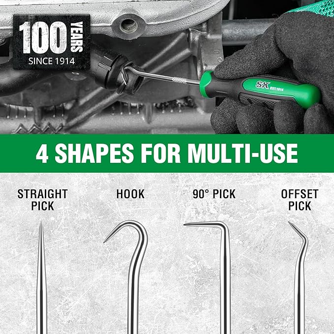 SK 4 Piece Hook and Pick Set, Straight Pick, Offset Pick, 90째Pick and Hook, Ideal for Auto and Electronics Maintenance Tools