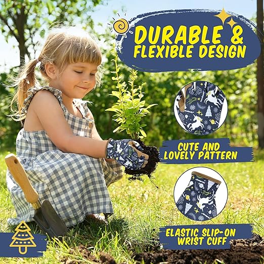 HANDLANDY Kids Genuine Leather Gardening Gloves for ages 3-11, Children Toddler Work Outdoor Playing Gloves for Boys Girls Gift (Small (for age 2-4), Blue)