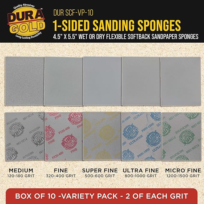 Dura-Gold Double-Sided Sanding Sponge Grit Variety Pack, Box of 20, Grits 180, 240, 320, 400, 800-4.7" x 3.9" Wet or Dry Flexible Softback Sandpaper Sponges, Hand Sanding Block Pad, Wood Metal Paint