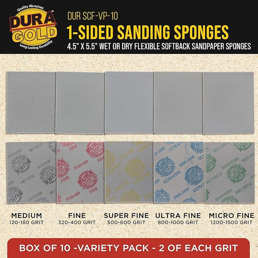 Dura-Gold Double-Sided Sanding Sponge Grit Variety Pack, Box of 20, Grits 180, 240, 320, 400, 800-4.7" x 3.9" Wet or Dry Flexible Softback Sandpaper Sponges, Hand Sanding Block Pad, Wood Metal Paint
