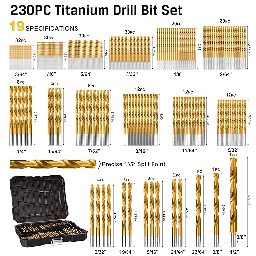 230 Pieces Titanium Twist Drill Bit Set, 135째 Tip High Speed Steel, Size from 3/64" up to 1/2", Ideal Drilling in Wood/Cast Iron/Aluminum Alloy/Plastic/Fiberglass, with Hard Storage