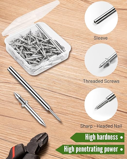100PCS Double Headed Skirting Nails,Skirting Thread Seamless Nail,Double-Headed Nails, Non Marking Double Sided Nails,Invisible Screws with 1pcs Specific Sleeve Tool.