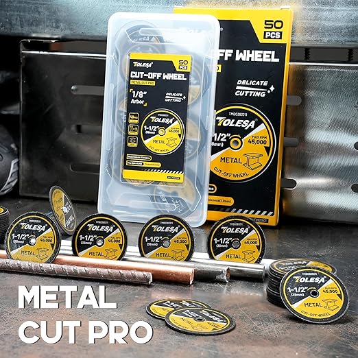 1-1/2 Cut Off Wheels 50 Pack, 1.5" x 1/8" Fiberglass Reinforced Cutting Wheels, TOLESA Rotary Tool Metal Cutting Disc Accessories Include 2 Mandrels