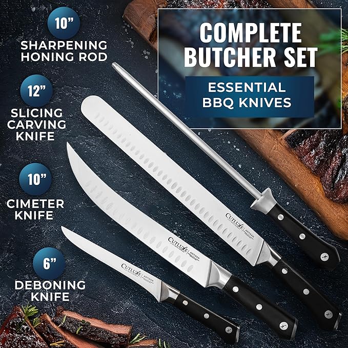 Cutluxe Butcher Knife Set ??BBQ Brisket, Breaking and Boning Knives, Honing Rod ??Carving Knife Set for Meat Cutting, Ultra Sharp German Steel, Full Tang, Ergonomic Handles ??Artisan Series
