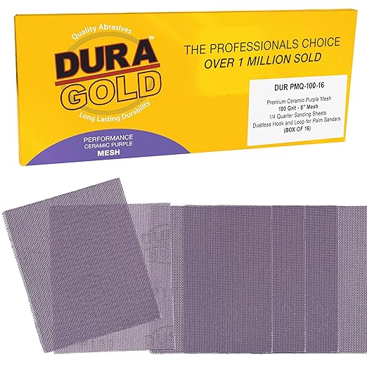 Dura-Gold Premium 100 Grit 1/4 Sheet Size Purple Ceramic Mesh Sandpaper, Box of 16-4.5" x 5.5" Dustless Hook & Loop Backing, Palm Sanders, Sanding Blocks - Long-Lasting Fast Cut - Woodworking, Auto