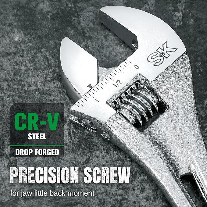 SK 10-Inch Adjustable Wrench, 1-1/4" Jaw Capacity, Cr-V Steel, SAE&Metric Scales