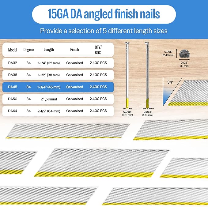 meite 15 Gauge Angled Finish Nails 1-3/4 Inch 34 Degree Nails for Pneumatic Electric Finish Nailer Gun, Galvanized No-Rust Finishing Nail for Cabinet Crown Baseboard Door Trim, DA Series 2,400 PCS