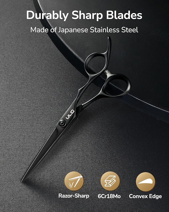 ULG Professional Hair Cutting Scissors 6.5 Inch ??Japanese Stainless Steel Barber Shears for Salon & Home Haircut, Ergonomic Offset Handles with Silencer, Hand-Honed Sharp Blades, Matte Black