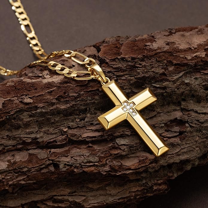 Cross Necklace for Men Gold Cross Necklace for Men 14K Gold Crosses Figaro Chain Pendant for Mens Crosses Necklaces Broad Subtle Sparkle with Cubic Zirconia Necklaces for Mens Chain 20/22/24 inches
