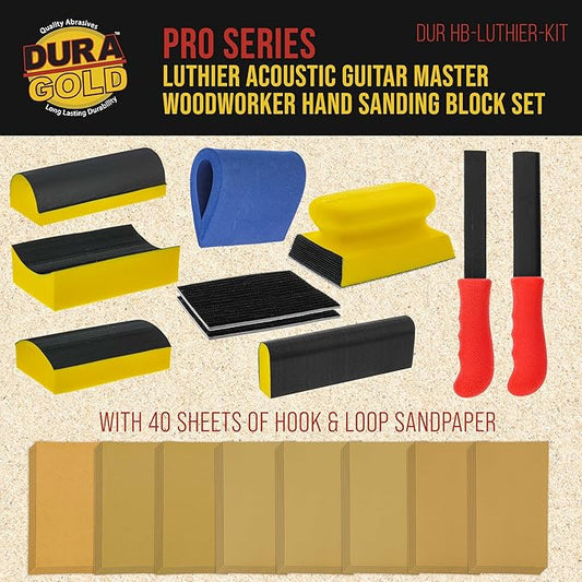 Dura-Gold Luthier Acoustic Guitar Master Woodworker Hand Sanding Block Set with 40 Sheet Hook & Loop Sandpaper Kit - Music Radius Repair Tools, Convex & Concave Profile Shapes, File Sticks - Sand Wood