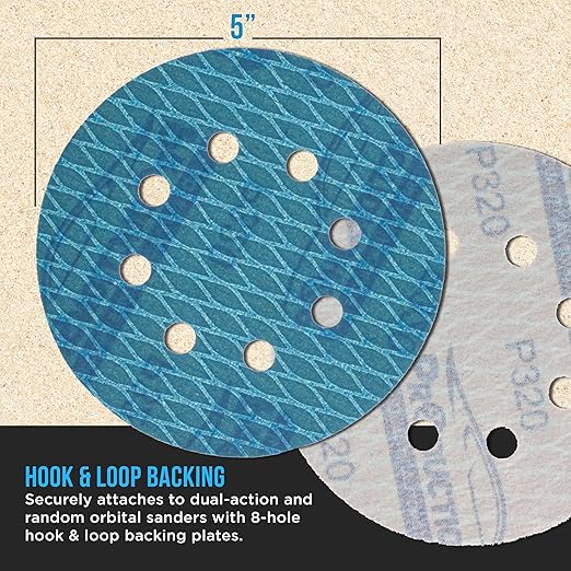 Premium 320 Grit 5" Rhombus Diamond Shape Blue Sanding Discs, 8-Hole, Box of 50 - Hook & Loop Anti-Clogging J-Cloth Dustless Sandpaper for Random Orbital Sanders, Sand Auto Paint, Wood