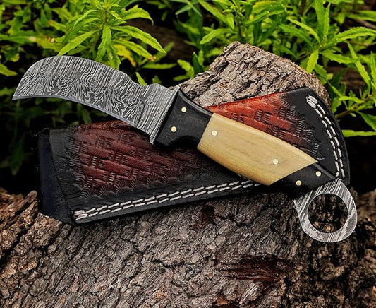 Handmade Damascus Steel Hawkbill Knife with Leather Sheath, Professional Lineman's Utility Blade for Wire Skinning, (G10)