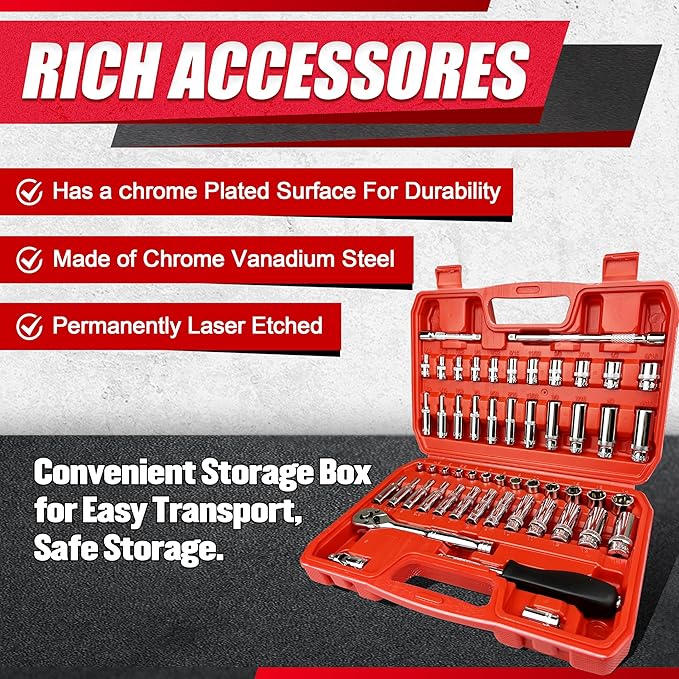 54pcs 1/4" Socket Set,Drive Impact Socket Set, SAE/Metric, Deep & Shallow with Universal Joint,Extension Bars,Hex Bit Holder, Spinner Handle,Ratchet,Cr-V Steel竊? Point竊?-14mm竊?/32-9/16 inch