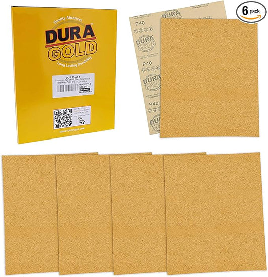 Dura-Gold Premium 9" x 11" Gold Sandpaper Sheets, 40 Grit (Box of 6) - Wood Furniture Woodworking, Automotive Paint - Full-Size Cut to Use on 1/4, 1/3, 1/2 Sheet Finishing Sanders, Hand Sanding Block