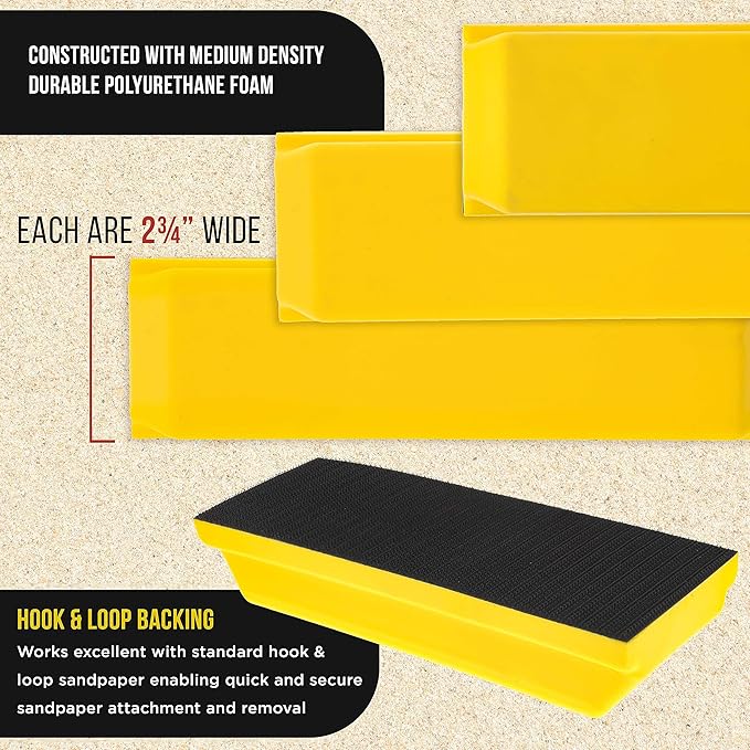 Dura-Gold Pro Series Classic Rectangle Hand Sanding Block Kit with 3 Blocks, 5", 7-3/4" and 10" Set, Hook & Loop Backing and PSA Sandpaper Conversion Adapter Pad - Auto Paint Prep Sand Woodworking