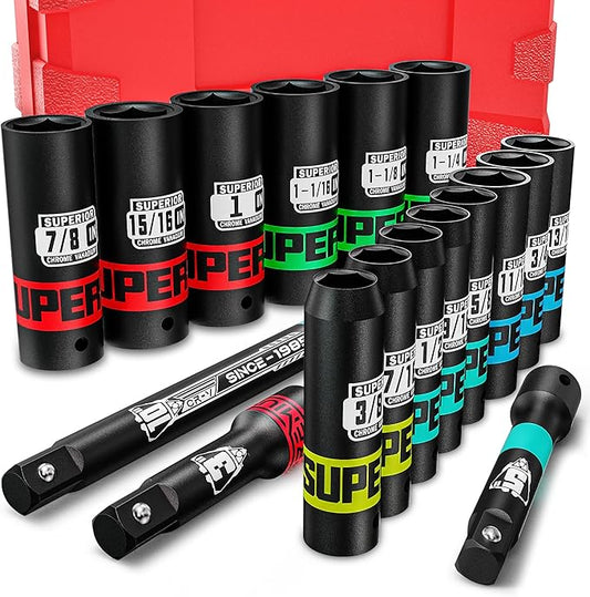 17 Piece 1/2" Drive Deep Impact Socket Set, 3/8" to 1-1/4", Include 3", 5", 10" Extension Bars, SAE, 6-Point, Cr-V Steel, Cars, Motorcycles, Loosen the Fastening Nut