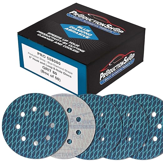 Premium 80 Grit 5" Rhombus Diamond Shape Blue Sanding Discs, 8-Hole, Box of 50 - Hook & Loop Anti-Clogging J-Cloth Dustless Sandpaper for Random Orbital Sanders, Sand Auto Paint, Wood