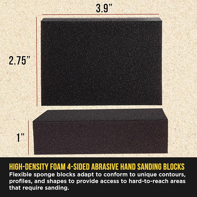 Dura-Gold 180 Grit 4-Sided Hand Sanding Block Sponges, Box of 6 - Performance Flex 3.9" x 2.75" x 1" Wet or Dry Flexible Sandpaper Abrasive Brick Pads, Reusable - Sand Wood, Drywall, Metal, Auto Paint