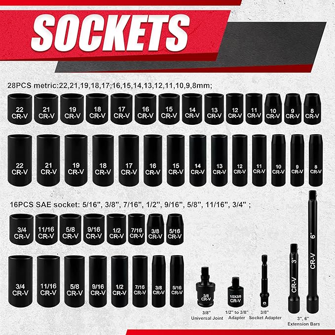 49PCS 3/8??Impact Socket Set,Drive Deep and shallow Impact Socket Set,SAE&Metric(5/16"-3/4",8mm-22mm) with Extension Bars,Universal Joint and Adapter,CR-V Steel,6-Point