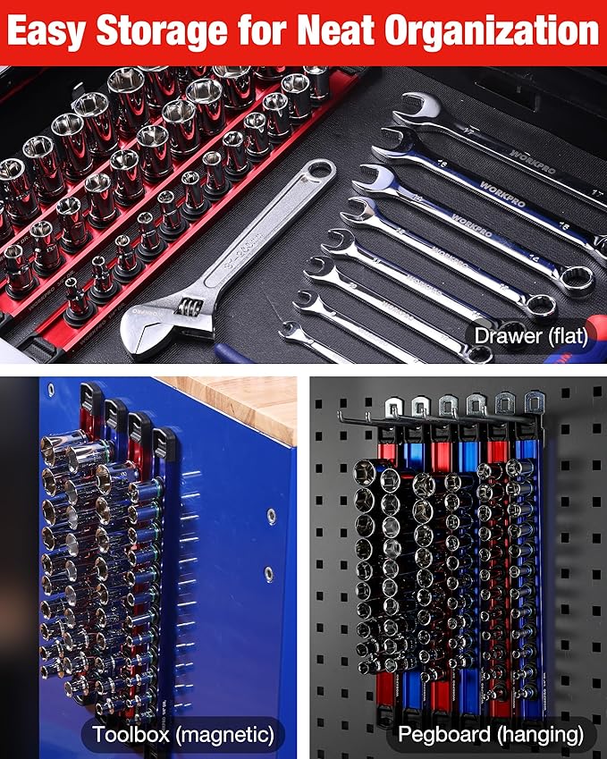 WORKPRO Magnetic Socket Organizer, 1/2" Drive Aluminum Alloy Socket Holder with 10 PC Removable Socket Clips for Quick Customization, Socket Rail for Tool Box Drawer (Sockets Not Included)