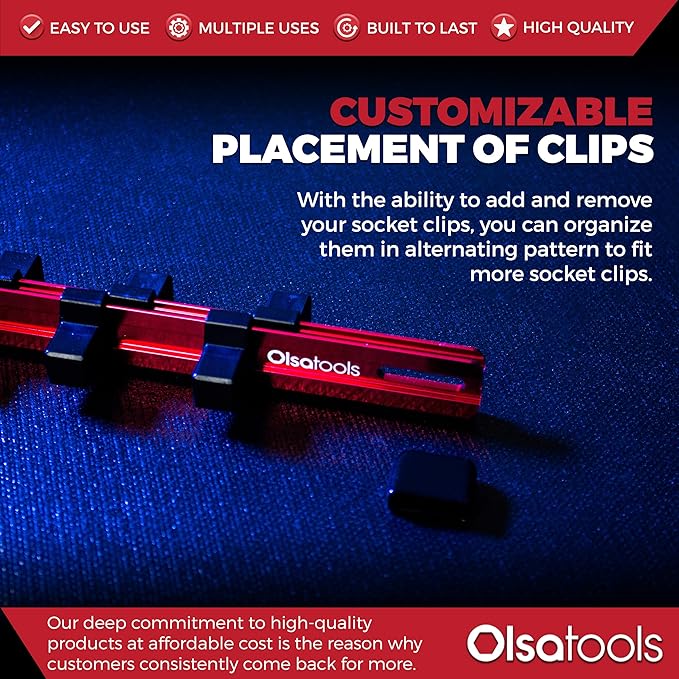 Olsa Tools Socket Organizer - 1/2-Inch Drive Socket Holder Rail - Red Aluminum Rail Stores 16 Impact or Chrome Sockets - Professional Grade Metric or SAE Socket Organizer - Part: 1012