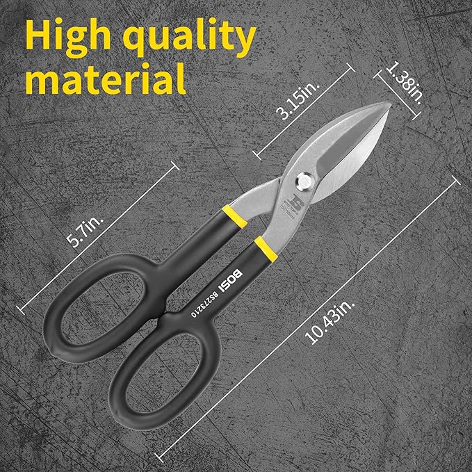 10 Inch Straight Pattern Tin Snips Metal Cutters, High Strength Forged and Heat Treated Carbon Steel with Comfortable Black Rubber Handle
