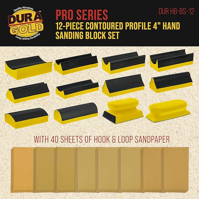 Dura-Gold 12-Piece Contoured Profile 4" Hand Sanding Block Set with 40 Sheet Hook & Loop Sandpaper Kit - Interchangeable Assorted Convex & Concave Shapes - Sand Wood Woodworking Furniture, Auto Paint