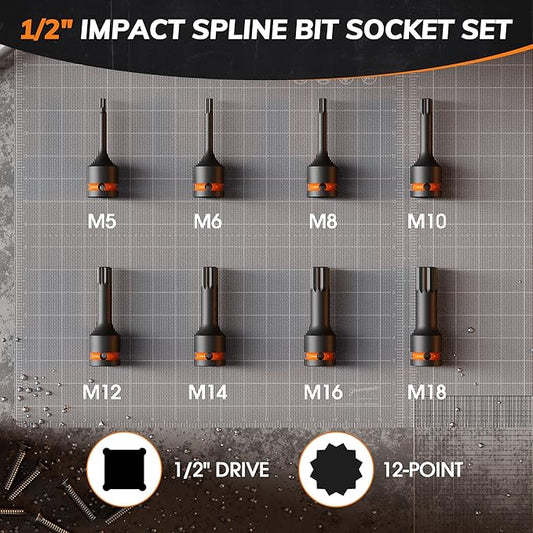 8-Piece Impact XZN Triple Square Spline Bit Socket Set,1/2" Drive,Cr-Mo Steel, VW Seats Compatible with Impact Wrench & Power Tools, M5-M18