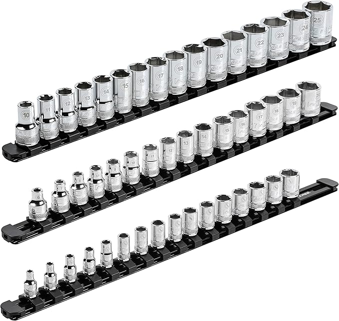 ARES 60123-3-Piece Black 17-Inch Aluminum Socket Rail Set with Locking End Caps - Includes 1/4-Inch, 3/8-Inch, and 1/2-Inch Drive Rails - Each Aluminum Rail Stores up to 16 Sockets