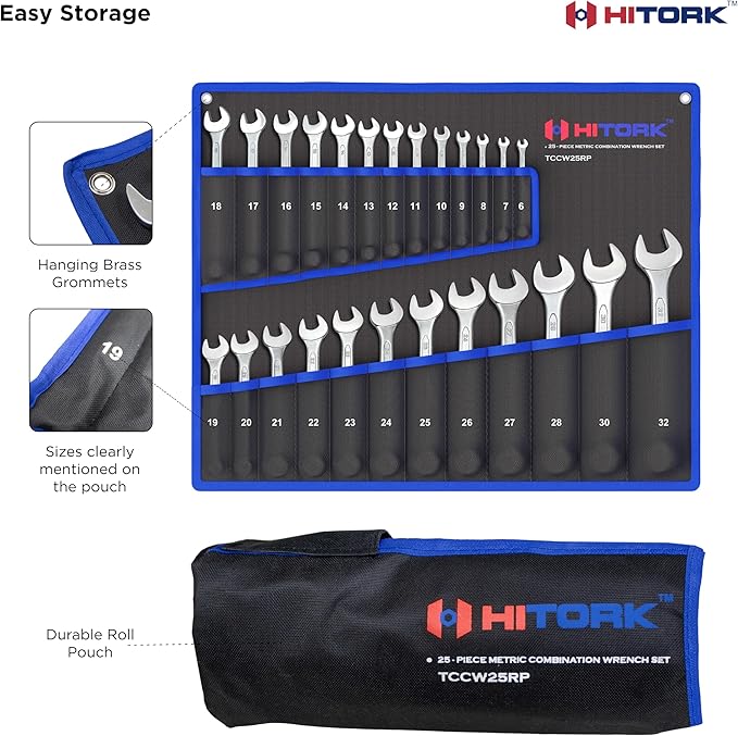 HITORK 25 Piece Metric Wrench Set (6-32 mm) CrV Steel Matt Finish with Polished Head 12 Point Box End 15째 Offset Roll Up Pouch Durable Combination Wrench Set for Home, Garage & Auto Repair