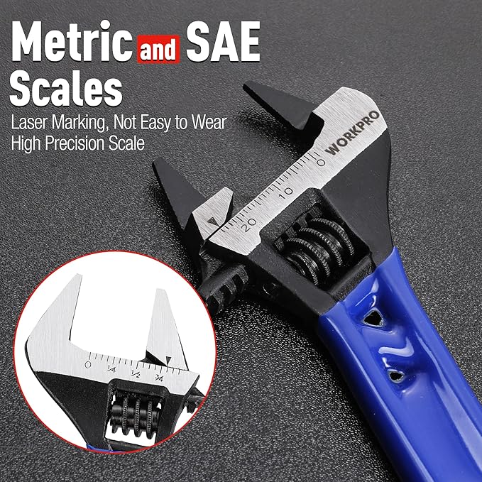 WORKPRO 4-Inch Thin Jaws Stubby Wide Opening Adjustable Wrench, Small Adjustable Wrench with 2mm Slim Jaws for Easy Access to Tight Spaces, Metric/SAE Scales, Cr-V Steel