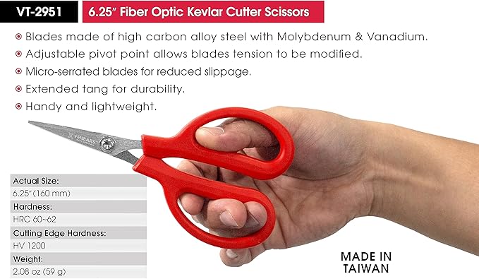 VAMPLIERS 6 1/4" Fiber Optic Kevlar Scissors Industrial Grade Carbon Steel Shears - Cuts Kevlar, Dyneema, Spectra, Vectran, Dacron, Nomex, Technora, Innegra, Carbon Fiber, Fiberglass