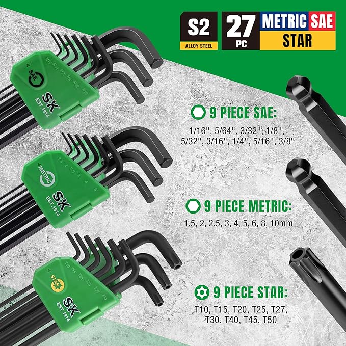 SK 27-Piece Allen Wrench Set, Metric/SAE/Star Hex Key Set, L-Shaped, S2 Steel, Black Phosphating Finish