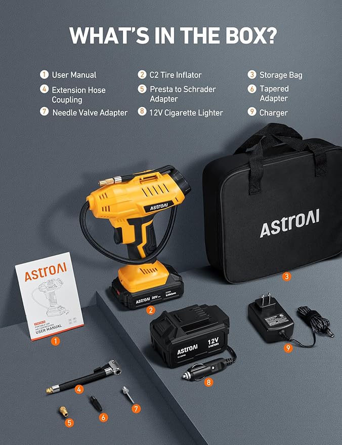 AstroAI Cordless Tire Inflator Air Compressor 20V Rechargeable Battery Powered 160PSI Portable Air Pump with 12V Car Power Adapter Digital Pressure Gauge for Cars Motorcycles JY16P160-18竊뉱2竊뎋ellow