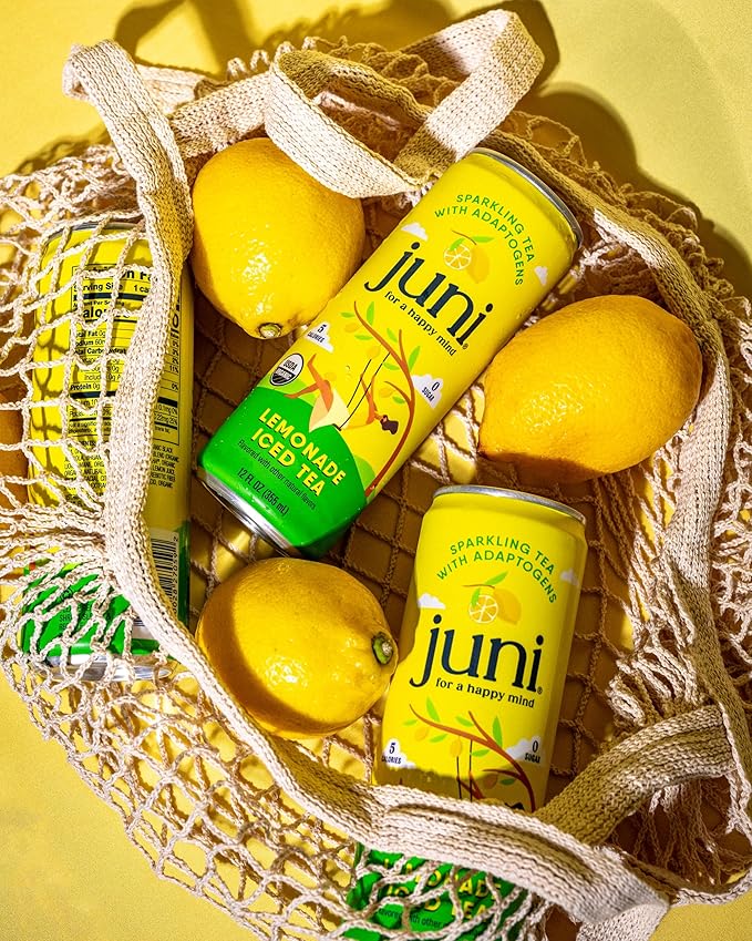 Juni Sparkling Adaptogen Drink with Ashwagandha, Lion?셲 Mane & Reishi Mushrooms, Green Tea for Focus, Zero Sugar, 10 Calories, Organic Non Alcoholic Drinks - Lemonade Iced Tea 12 pack
