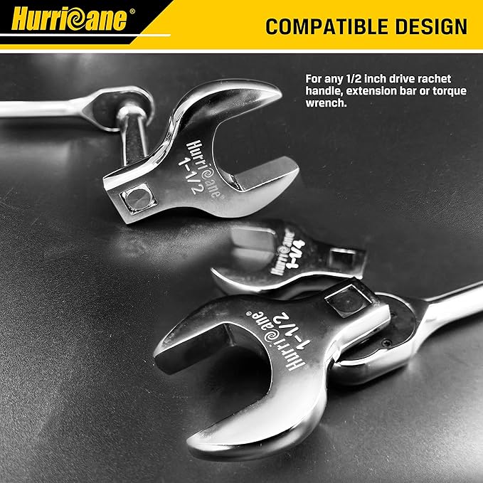 HURRICANE 1/2??Drive Crowfoot Wrench Set, 14 Piece Jumbo Crowfoot Flare Nut Wrench Tool Set, SAE Sizes from 1-1/16" to 2" with Storage Tray, With Fully Polished Chrome Finished