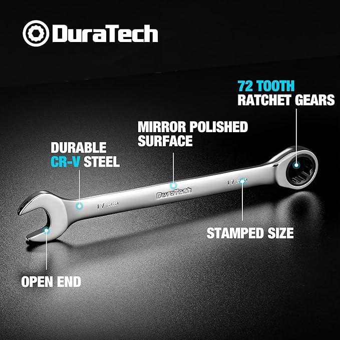DURATECH 17mm Ratcheting Combination Wrench, Metric, 72-Tooth, 15-Point, CR-V Constructed with Mirror Polish
