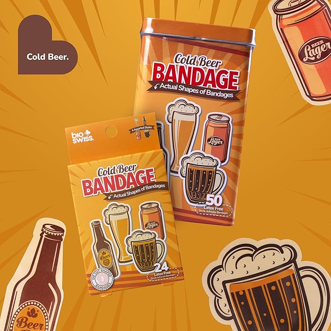 BioSwiss Funny Bandages, Cold Beverage Shaped Adult Novelty Self Adhesive Bandage Set, Latex Free, Sterile Wound Care, 24 Count