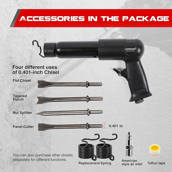 UW-AH250 Long Barrel Air Hammer Kit with Quick Change Retainer and 4 Chisels, 3-5/8 Inch Stroke, 2200 BPM, Light weight (AH250P - Long Barrel)