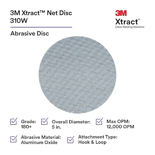 3M Xtract Net Disc 310W, 180+, 5 in, Die 500X, Pack of 50 Hook and Loop Sanding Discs, Virtually Dust-Free, Value Option for Metal, Wood, Composites, Stock Removal, and Fine Finishing